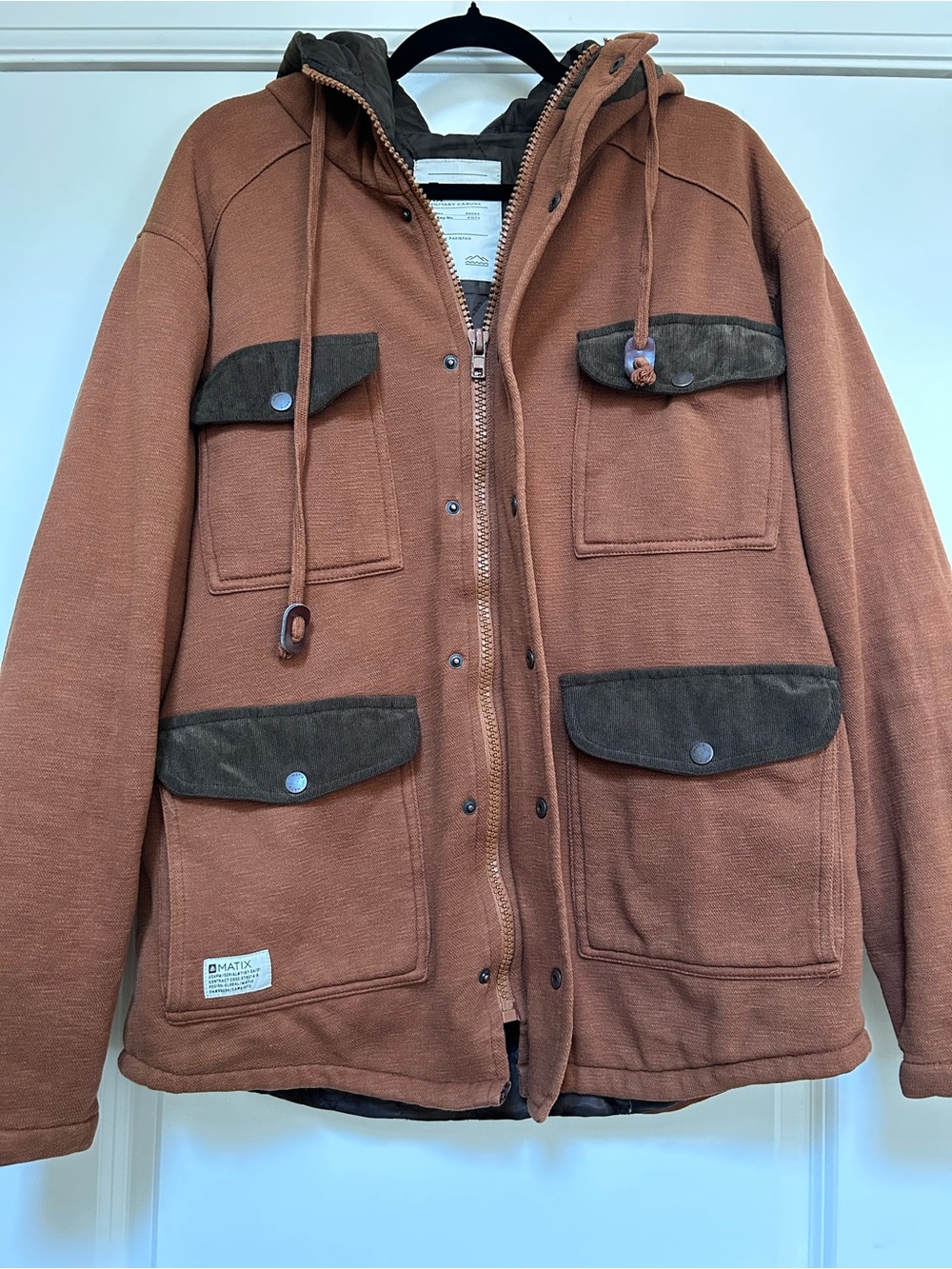 Matix Mens Sz L Military Casual Style Knit Utility Jacket Rust Brown Quilt Lined